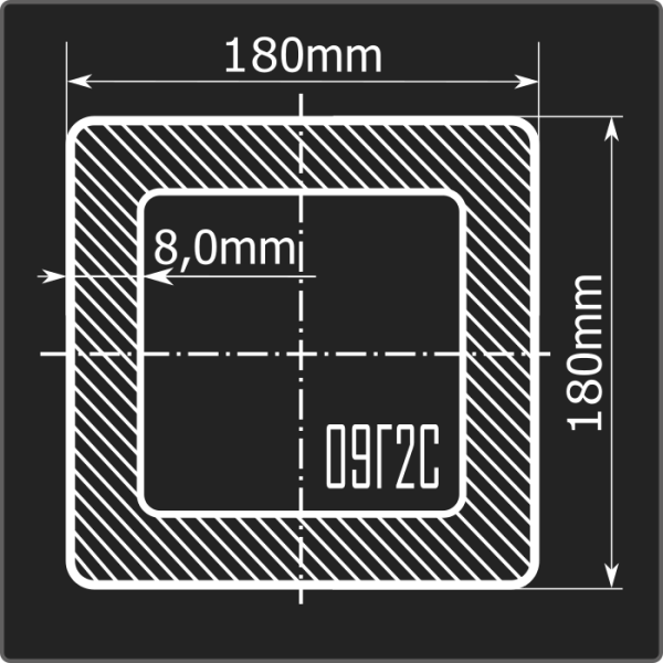 Труба проф. 180*180*8,0 09Г2С Феррум 12м ГОСТ 30245-2003
